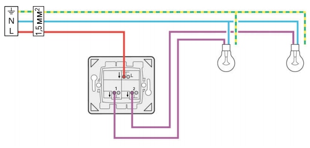 Подключить двойной выключатель на две лампочки схема