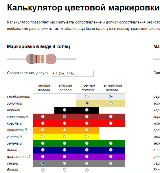 Подбор резисторов по цвету