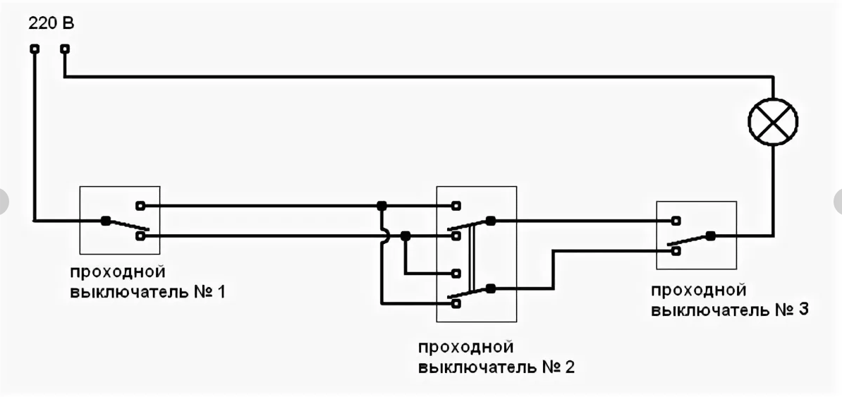 Схема подключения переключателя с двух мест на 2 лампочки двухклавишного проходного выключателя