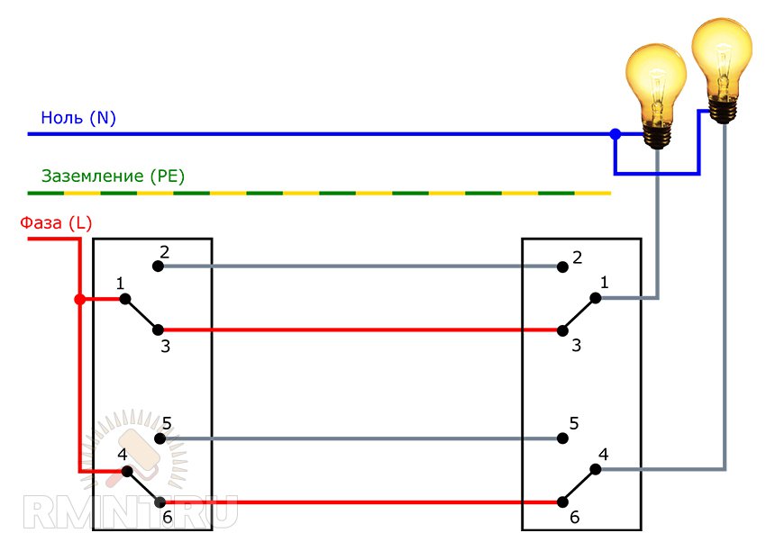 Схема соединения проходного выключателя с двух мест