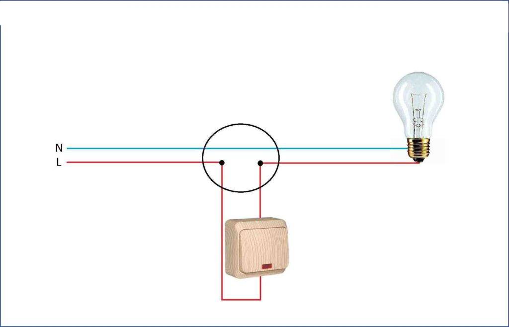 Схема подключения выключателя и лампочки и розетки в коробке двухжильным